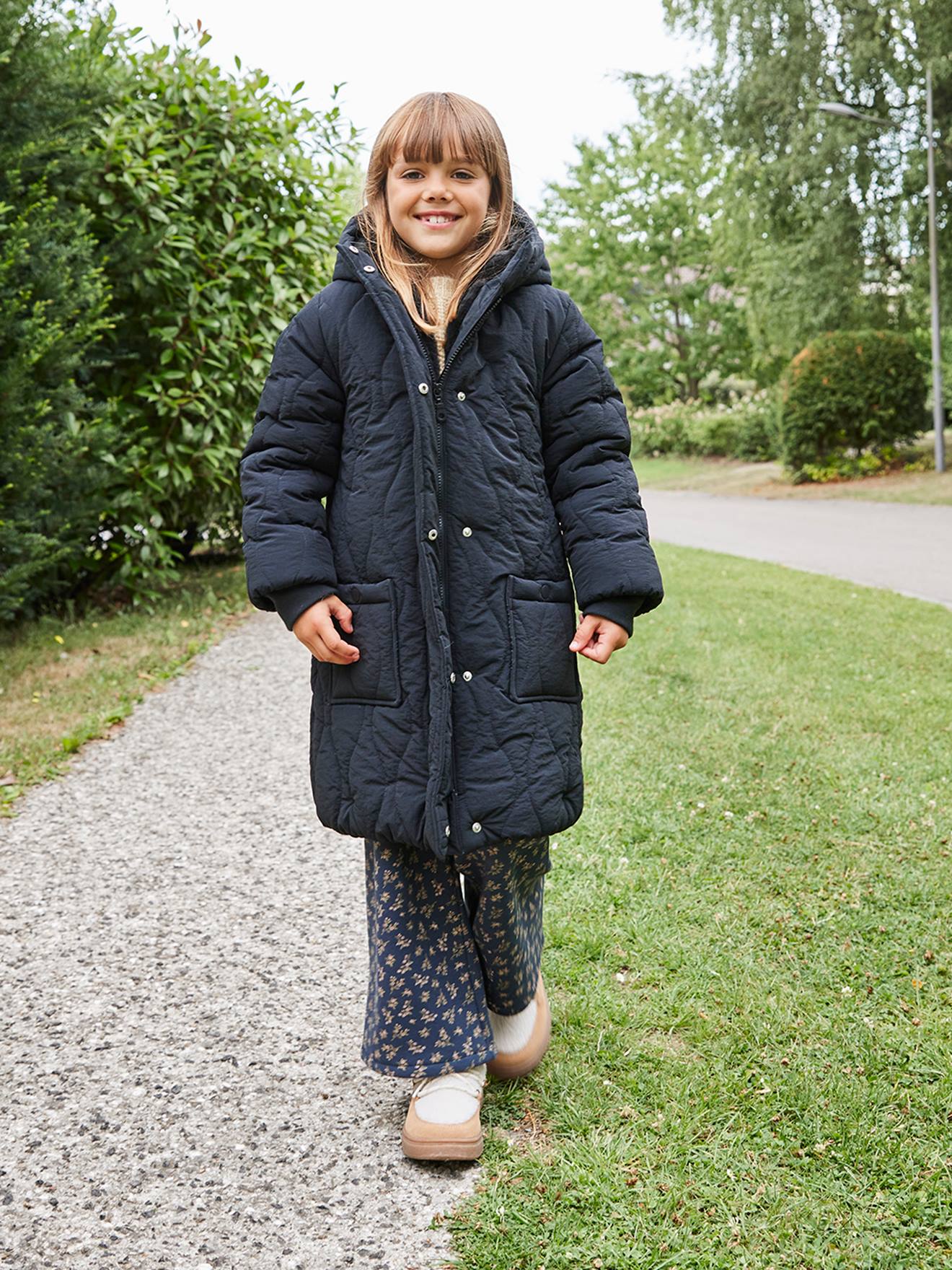 Lange donsjack met capuchon voor meisjes, gevoerd met imitatiebont zwart afbeelding