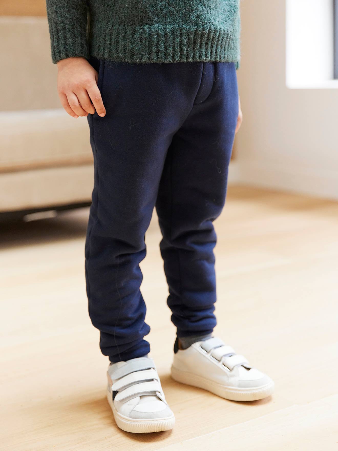 Joggingbroek van sweatstof voor jongens met sherpa voering marineblauw afbeelding
