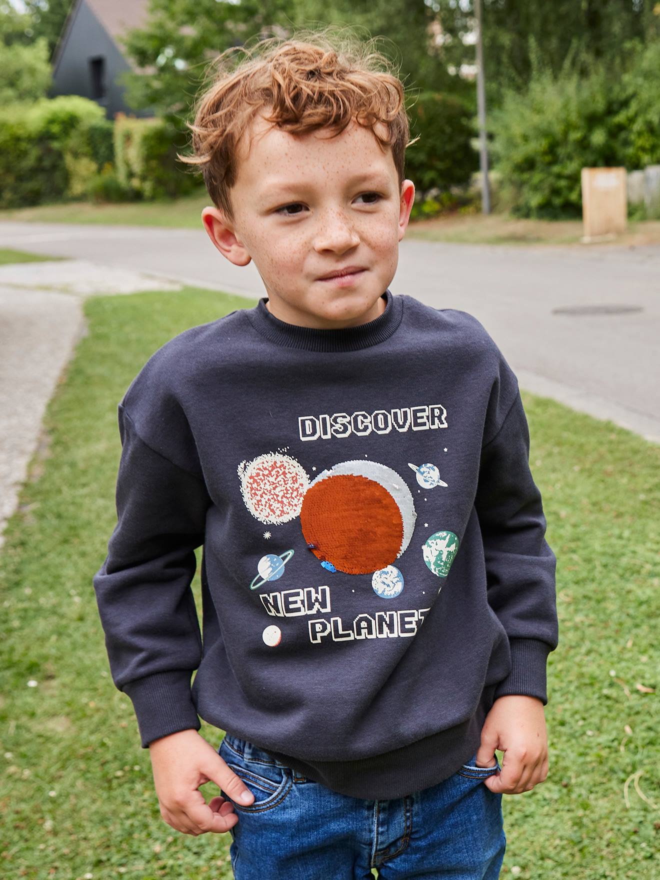 Sweater voor jongens met planeten en pailletten antraciet afbeelding