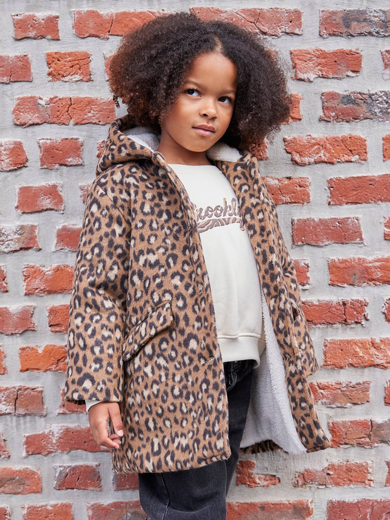 Mantel met capuchon van Laine stof met luipaardprint voor meisjes bruin