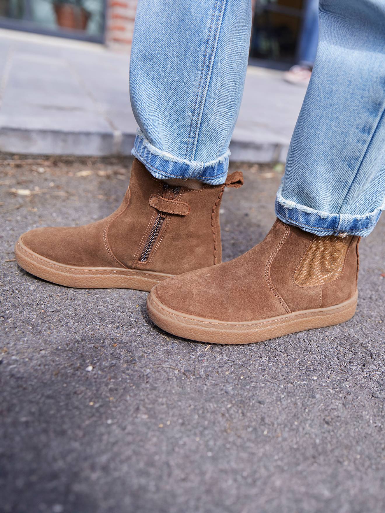 Leren meisjeslaarzen met rits en elastiek kameel afbeelding