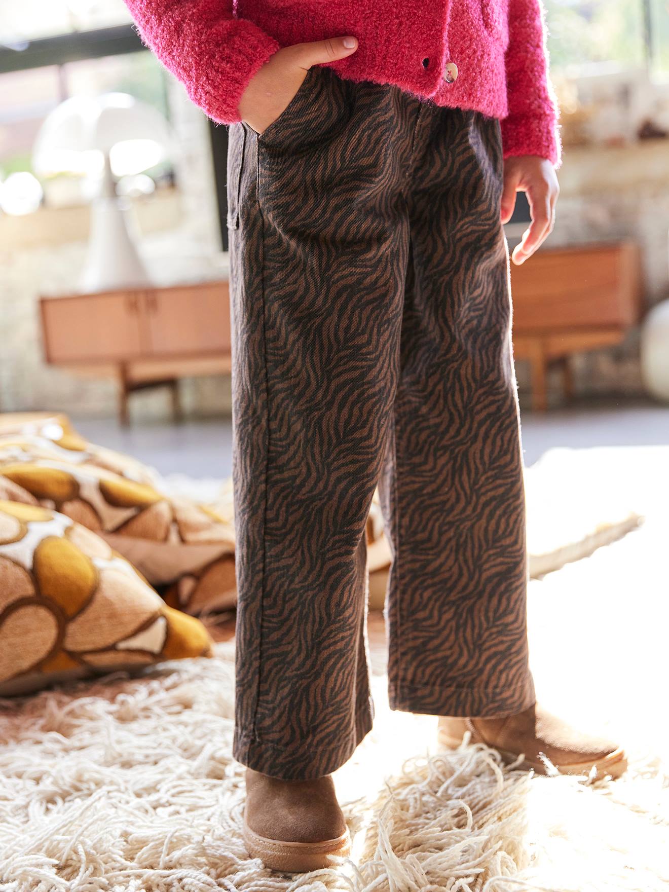 Wijde 'paperbag' meisjesbroek met luipaardprint chocoladebruin afbeelding