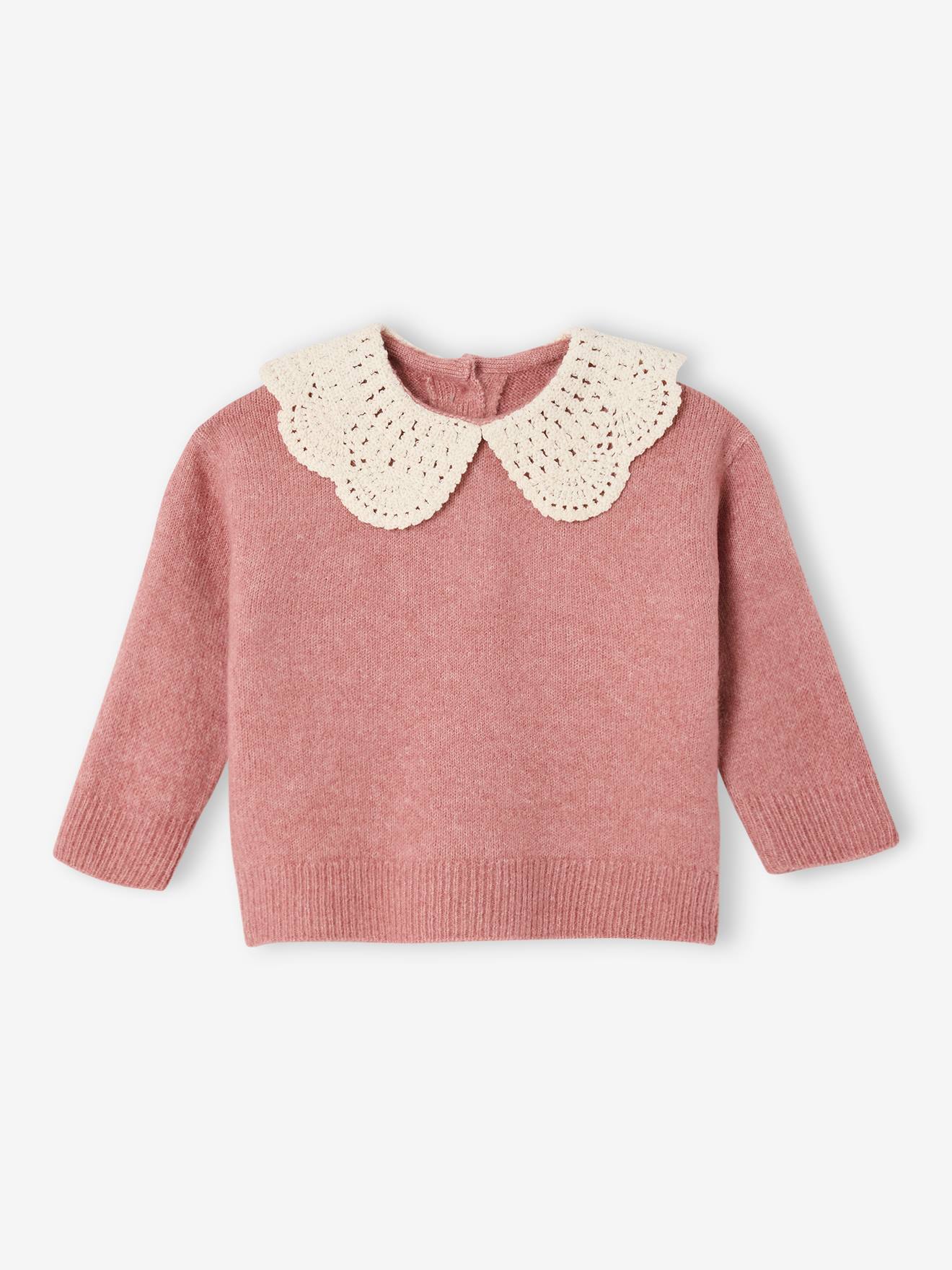 Baby trui in tricot met gehaakte kraag roze (poederkleur) afbeelding