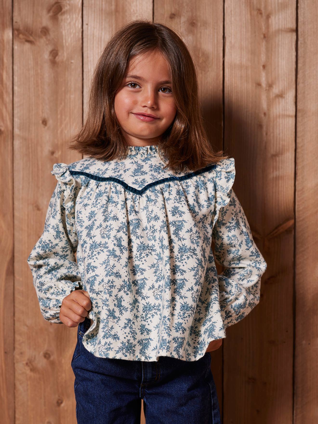 Blouse met ruches en bloemenmotieven voor meisjes ecru afbeelding