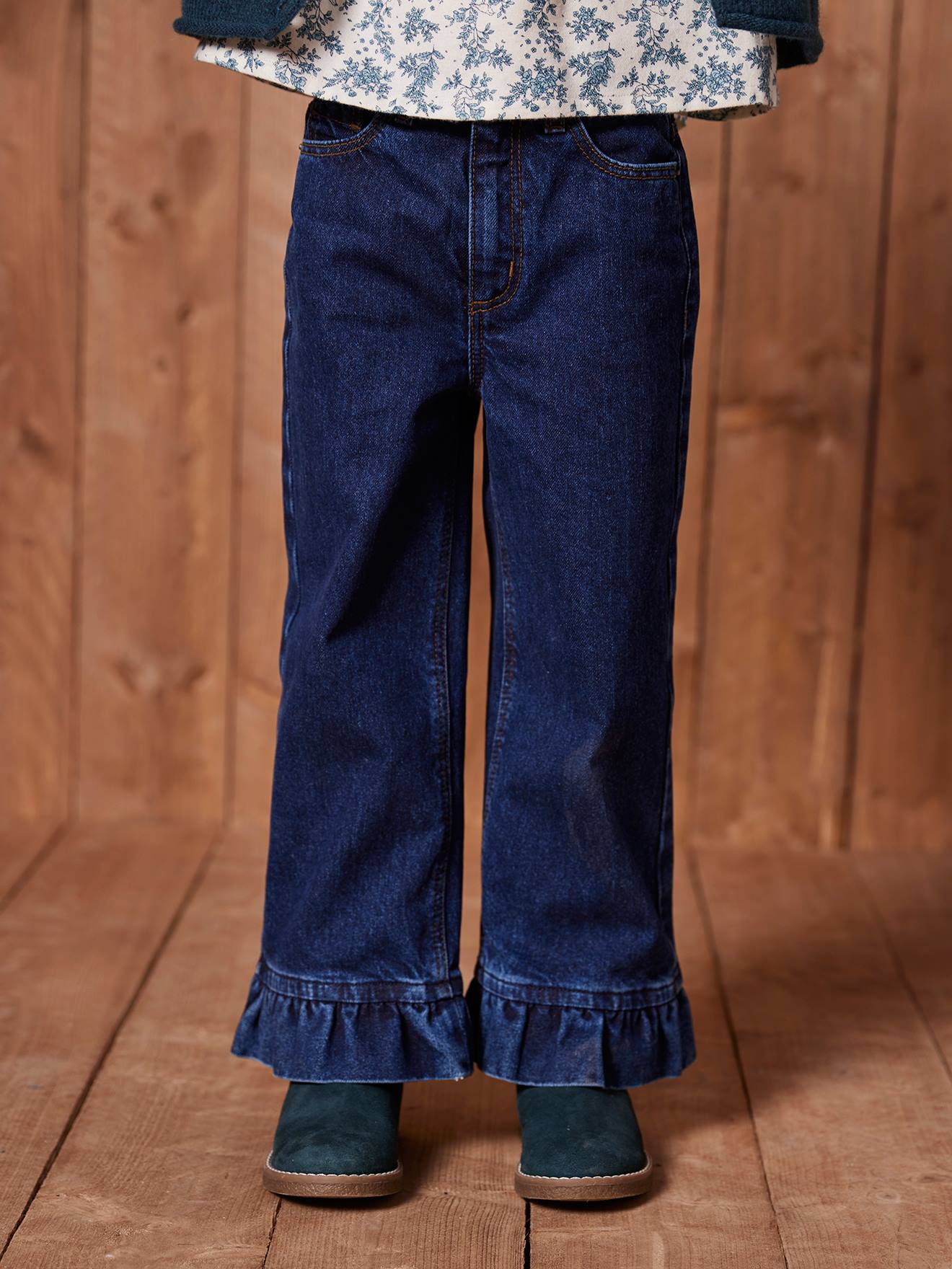 Wijde jeans met ruches voor meisjes donkerblauw afbeelding