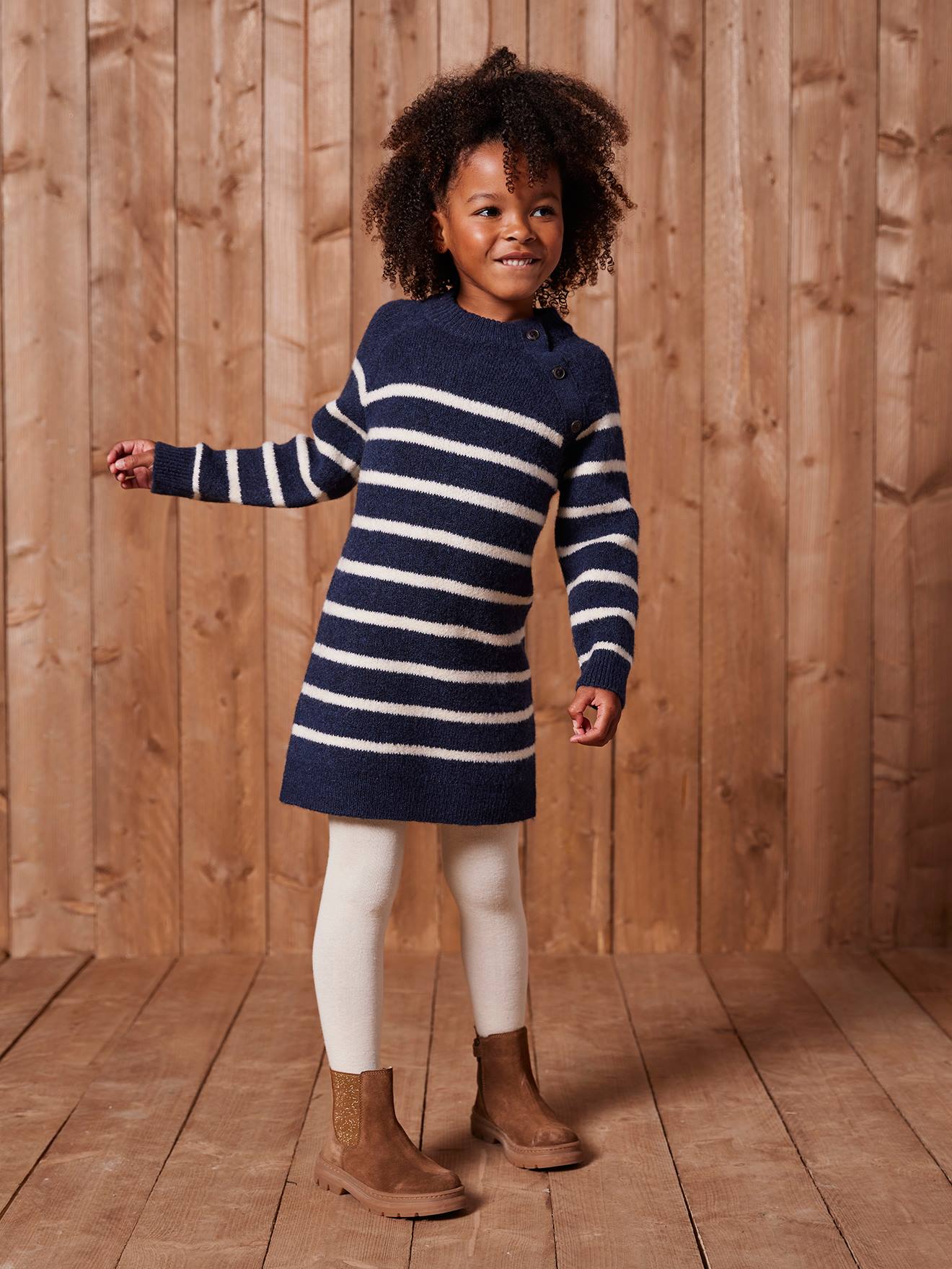 Gestreept jurk in trui voor meisjes marineblauw afbeelding