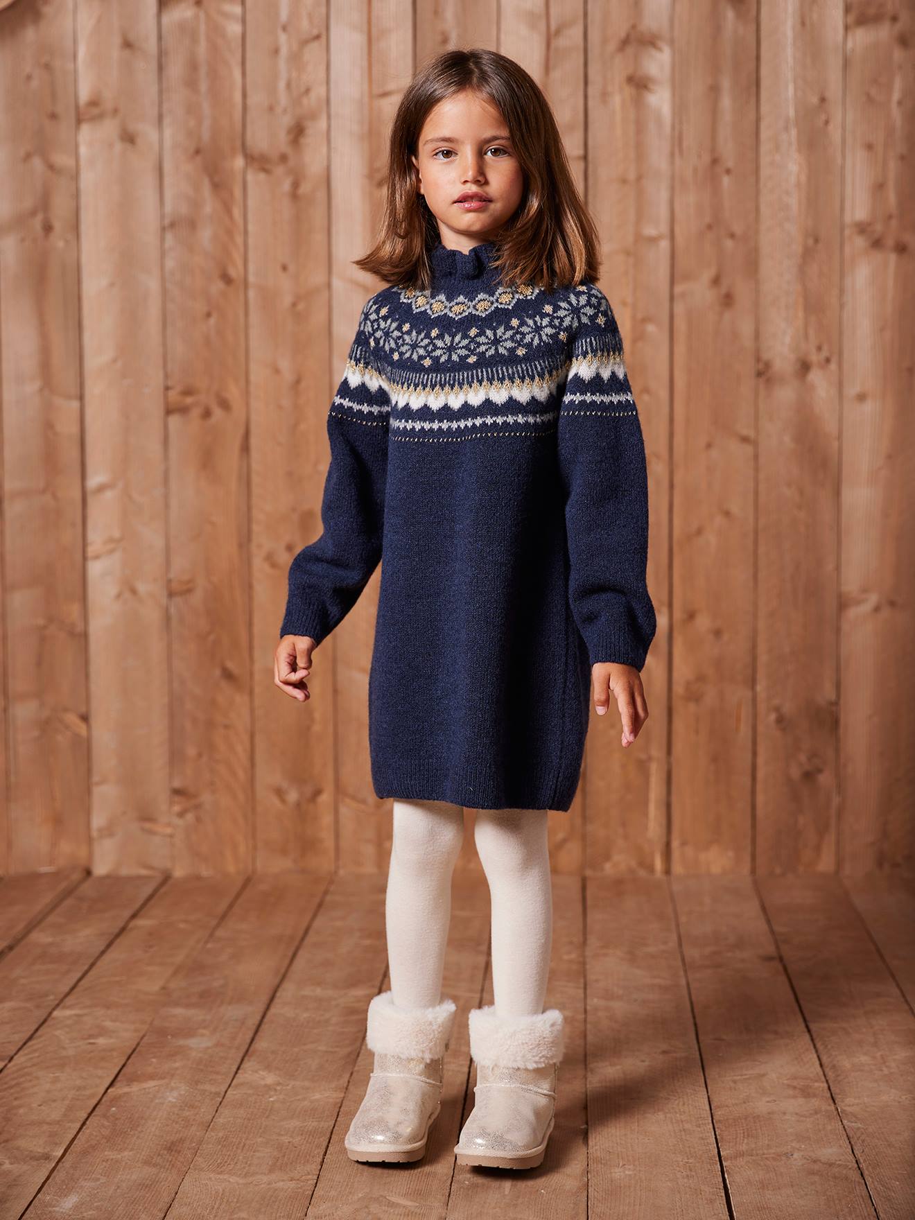 Jacquard jurk in tricot voor meisjes marineblauw afbeelding