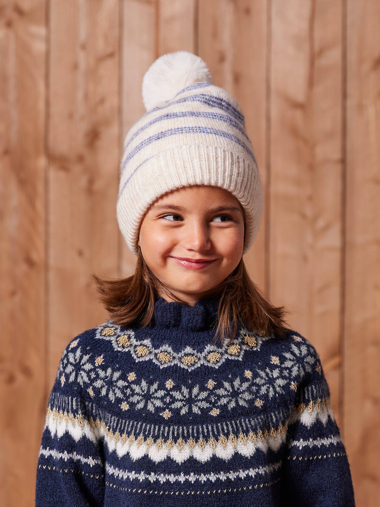 Gestreepte set voor meisjes muts + snood + wanten/handschoenen vanille afbeelding