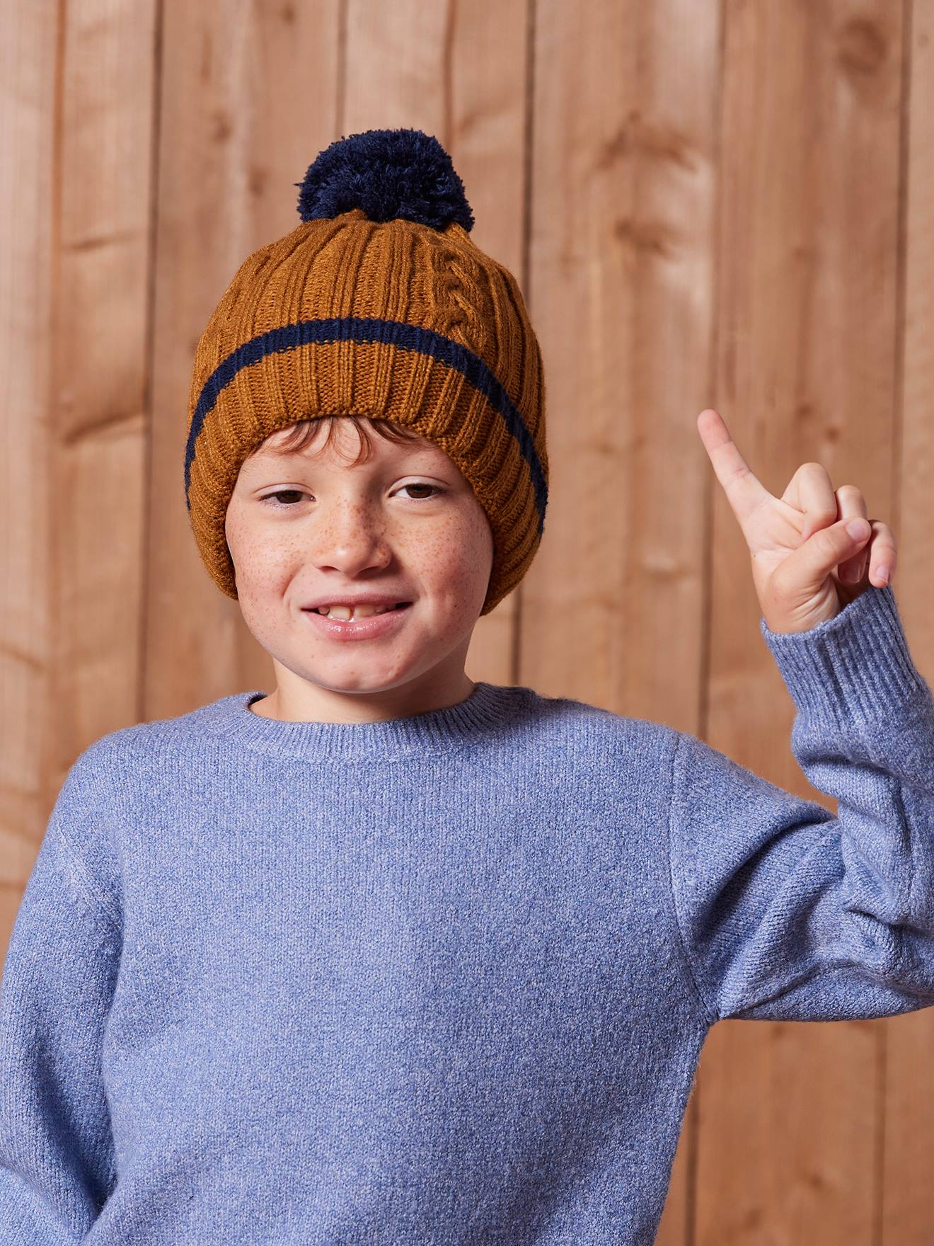 Gedraaide jongens babyset muts + snood + wanten/handschoenen okergeel afbeelding