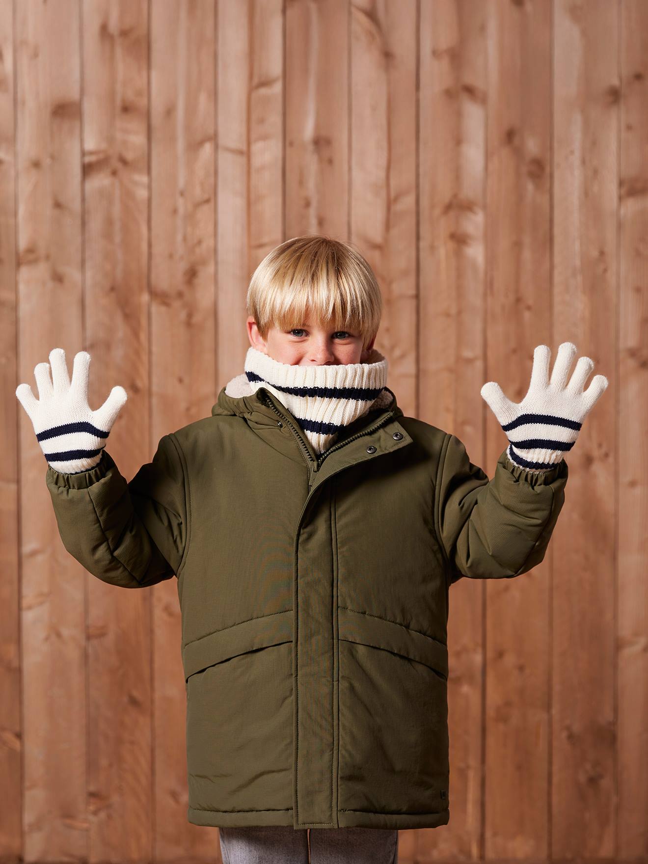 Gestreept babyset voor jongens muts + snood + wanten/handschoenen ecru afbeelding
