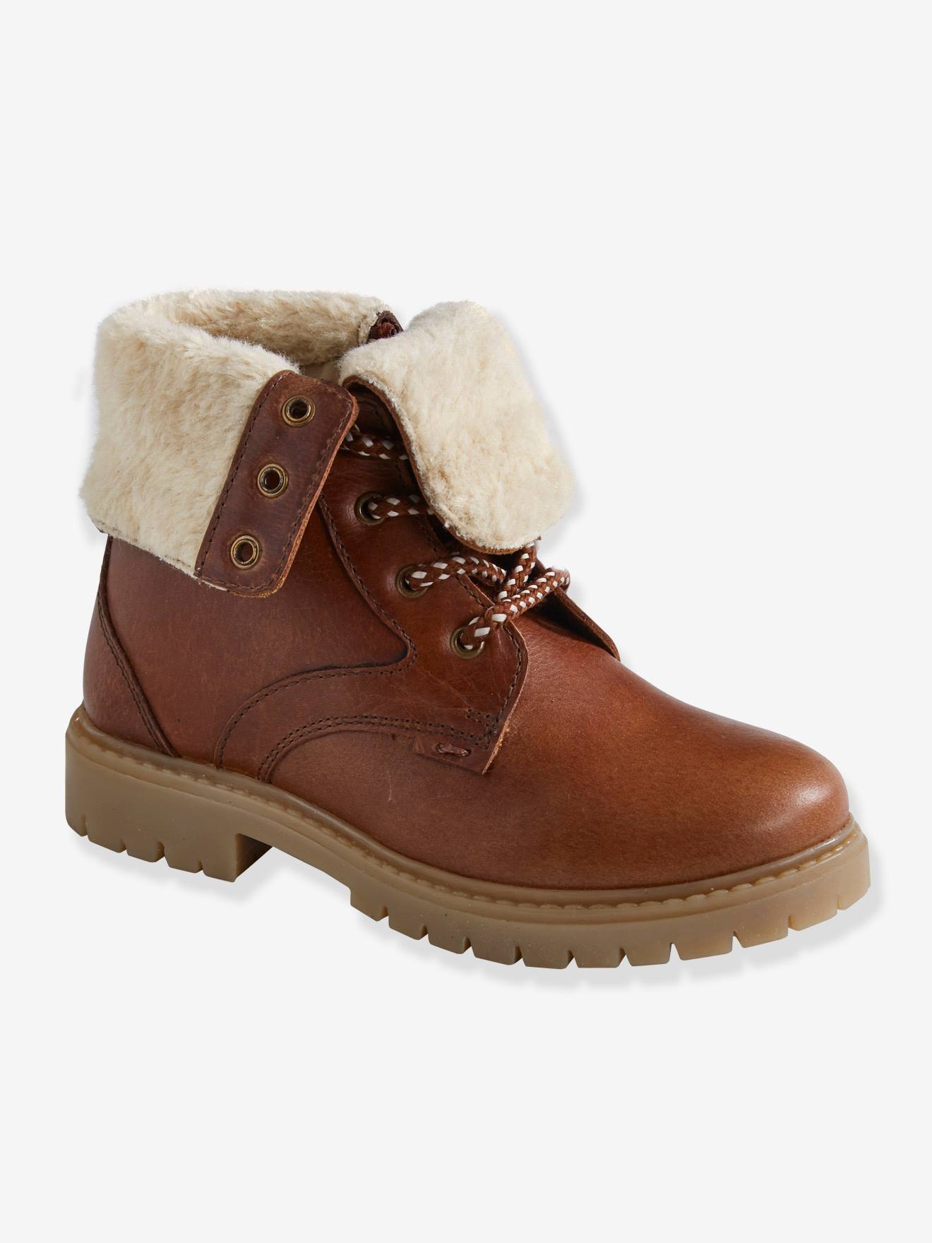 Leren boots voor jongens met omslag van nepbont - bruin, Schoenen