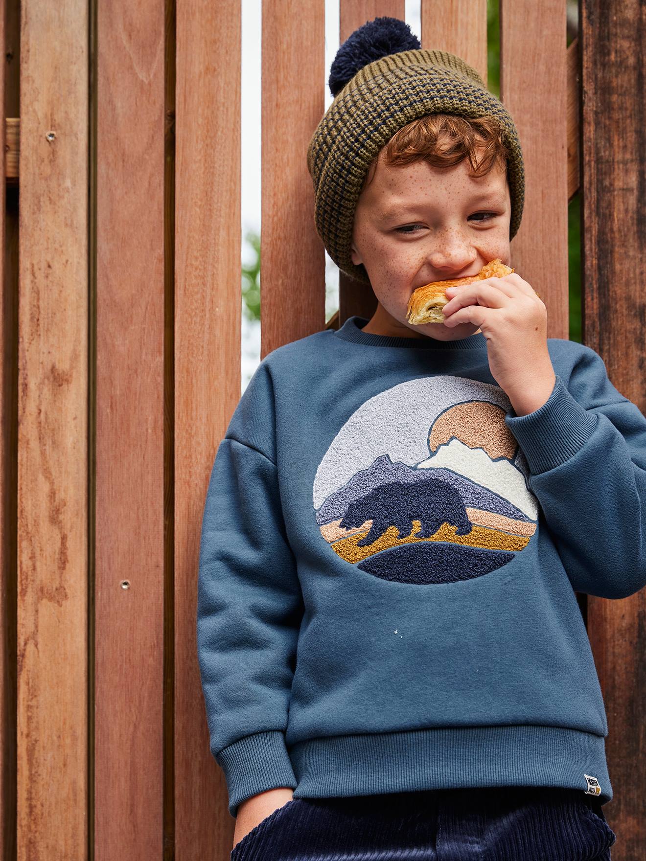 Sweater gevoerd met sherpa en print voor jongens groenblauw afbeelding