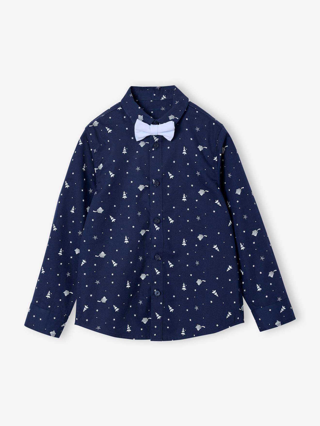 Kersthemd met print voor jongens blauw, bedrukt afbeelding