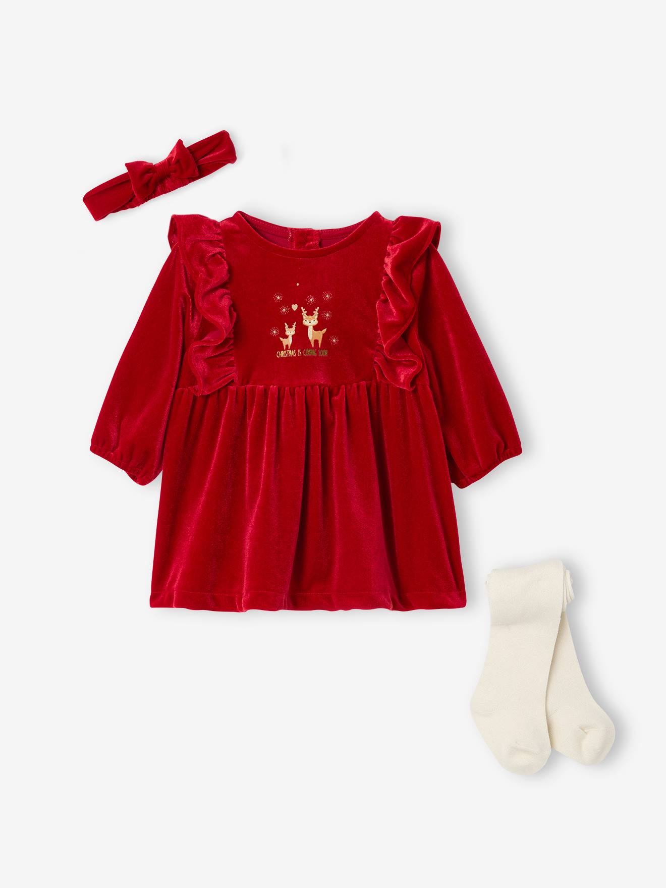 3-delige babyset met jurk + haarband + panty in thema Kerst rood afbeelding
