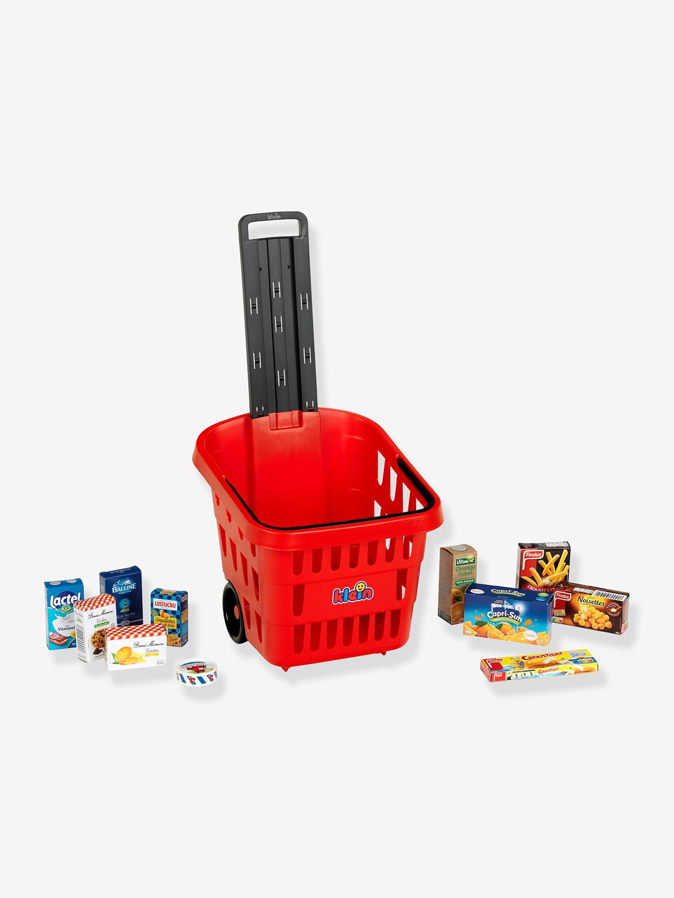 Boodschappenmand op wieltjes gevuld met namaakdozen meerkleurig