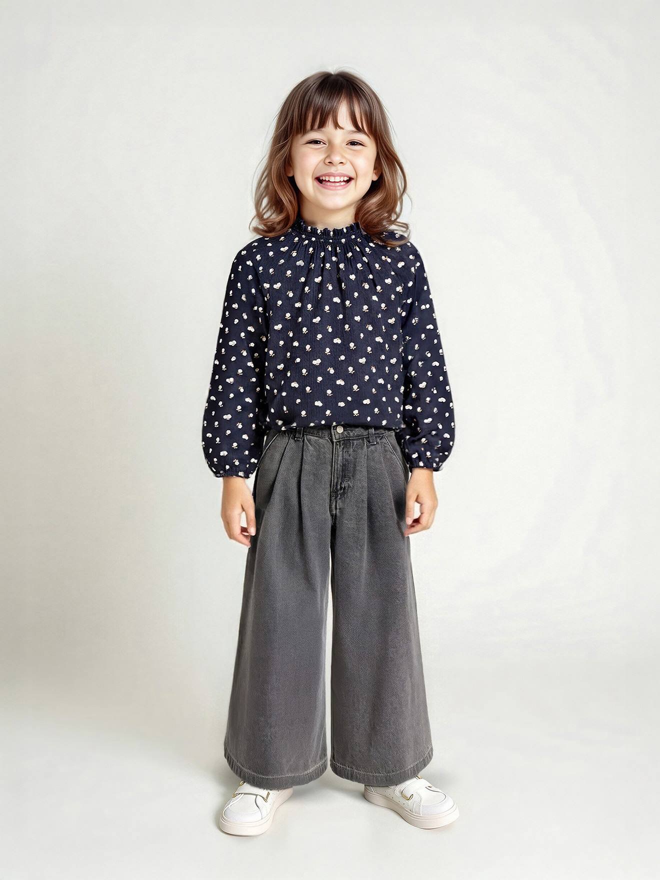 Wijde jeans met plooien voor meisjes denimgrijs afbeelding