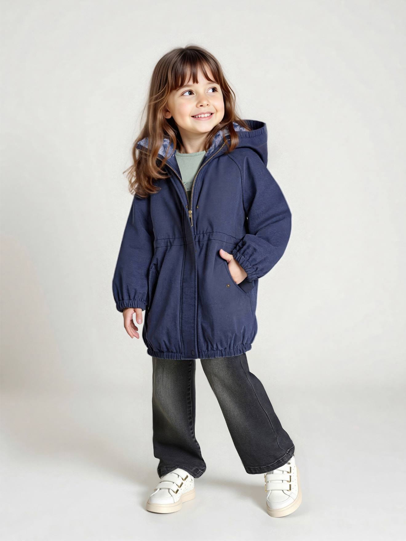 Meisjesparka met capuchon gevoerd met imitatiebont marineblauw afbeelding