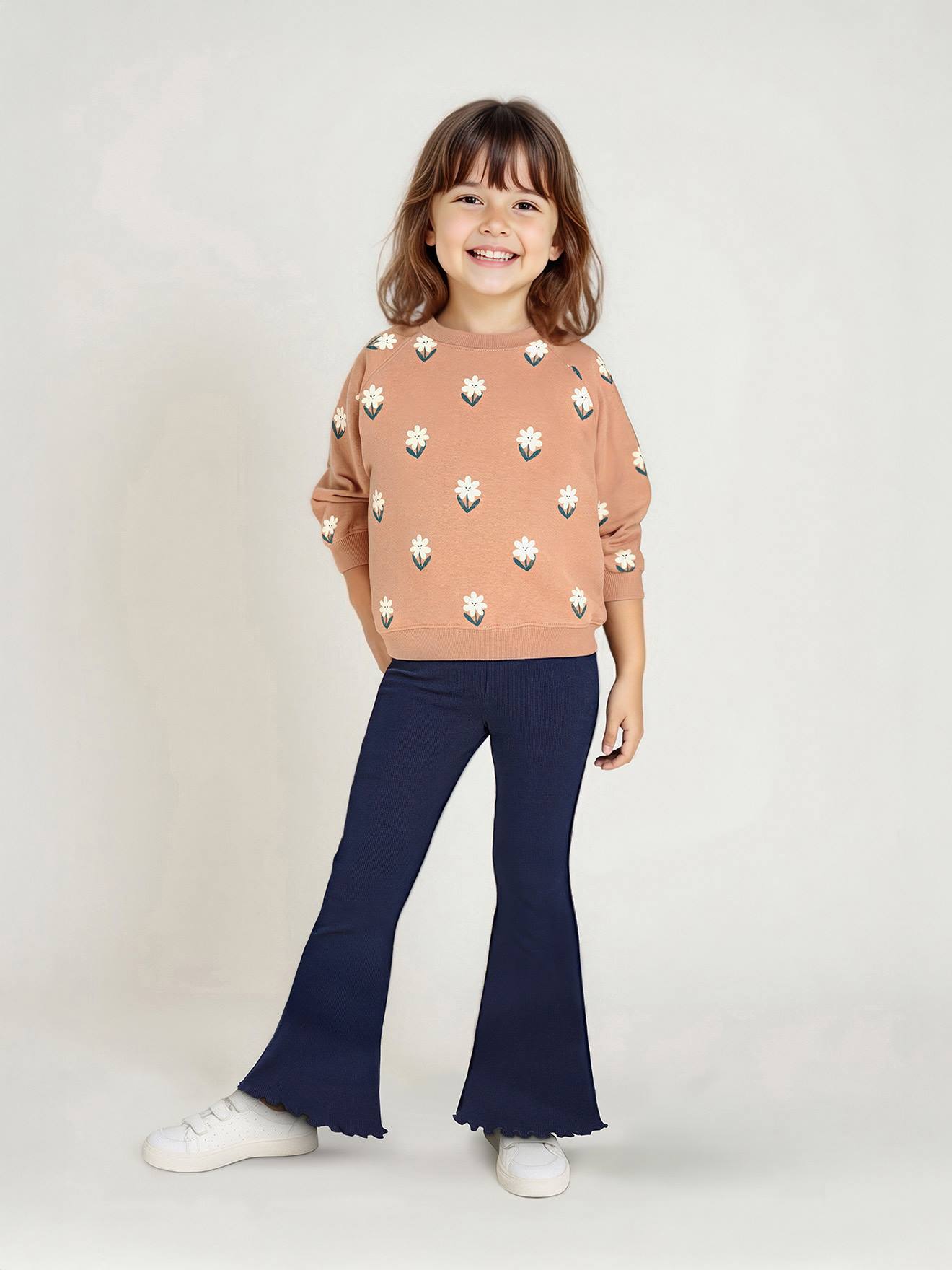 Set met sweater met print en uitlopende legging voor meisjes marineblauw afbeelding