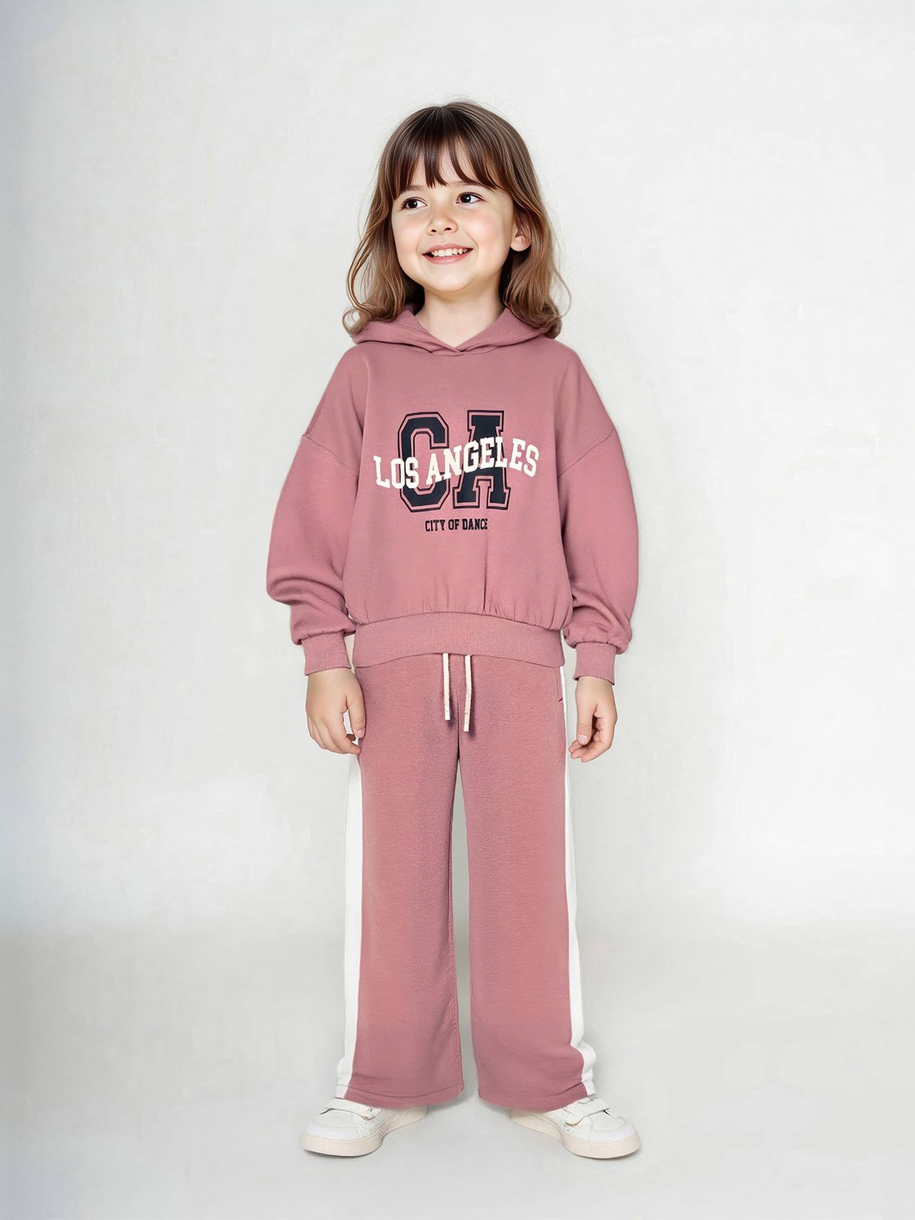 Set met sportieve sweater met capuchon + wijde joggingbroek voor meisjes oudroze afbeelding