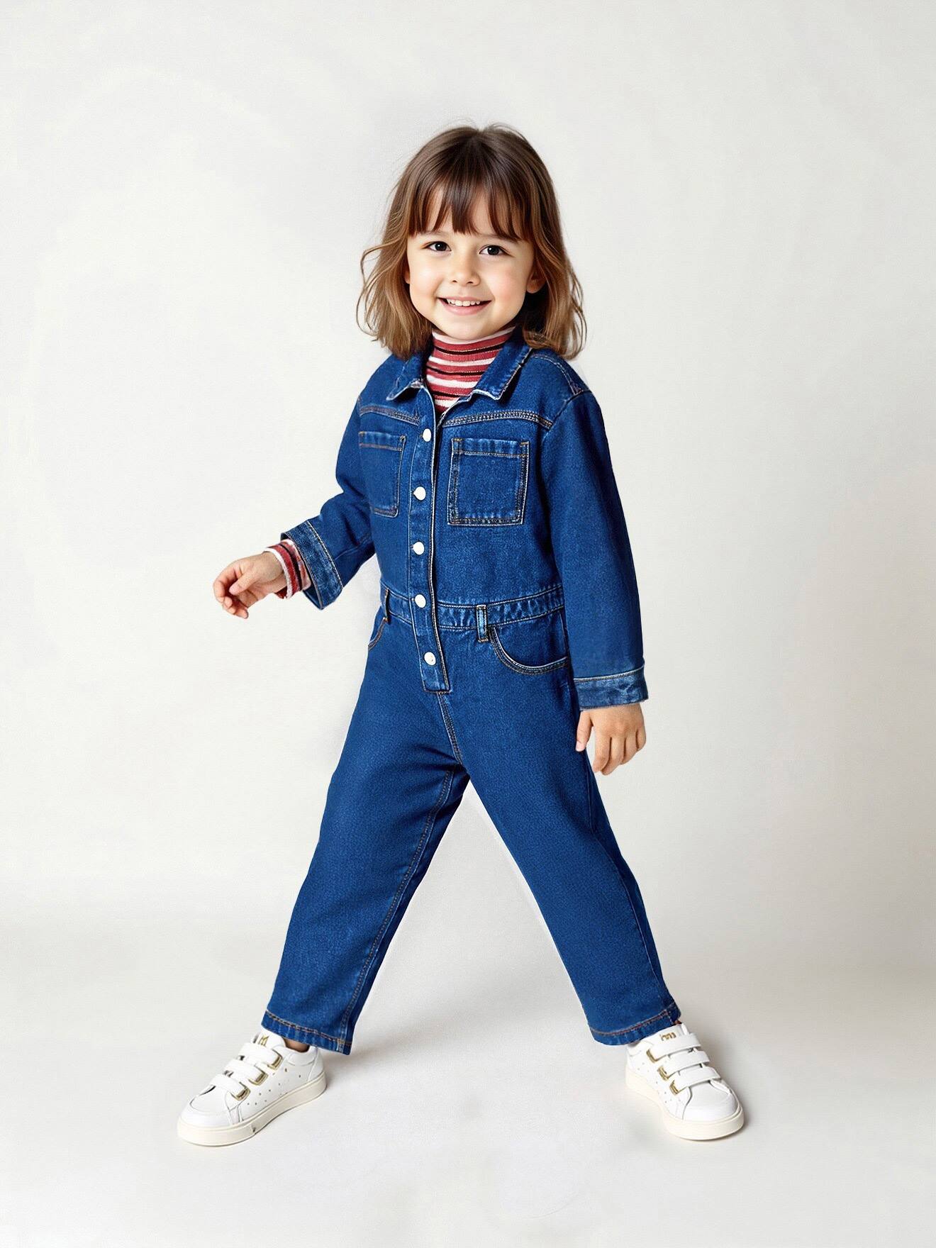 Jumpsuit van denim in workerstijl voor meisjes middenblauw afbeelding