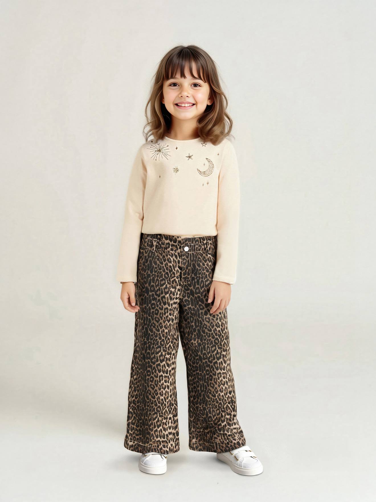 Wijde 'paperbag' meisjesbroek met luipaardprint beige afbeelding