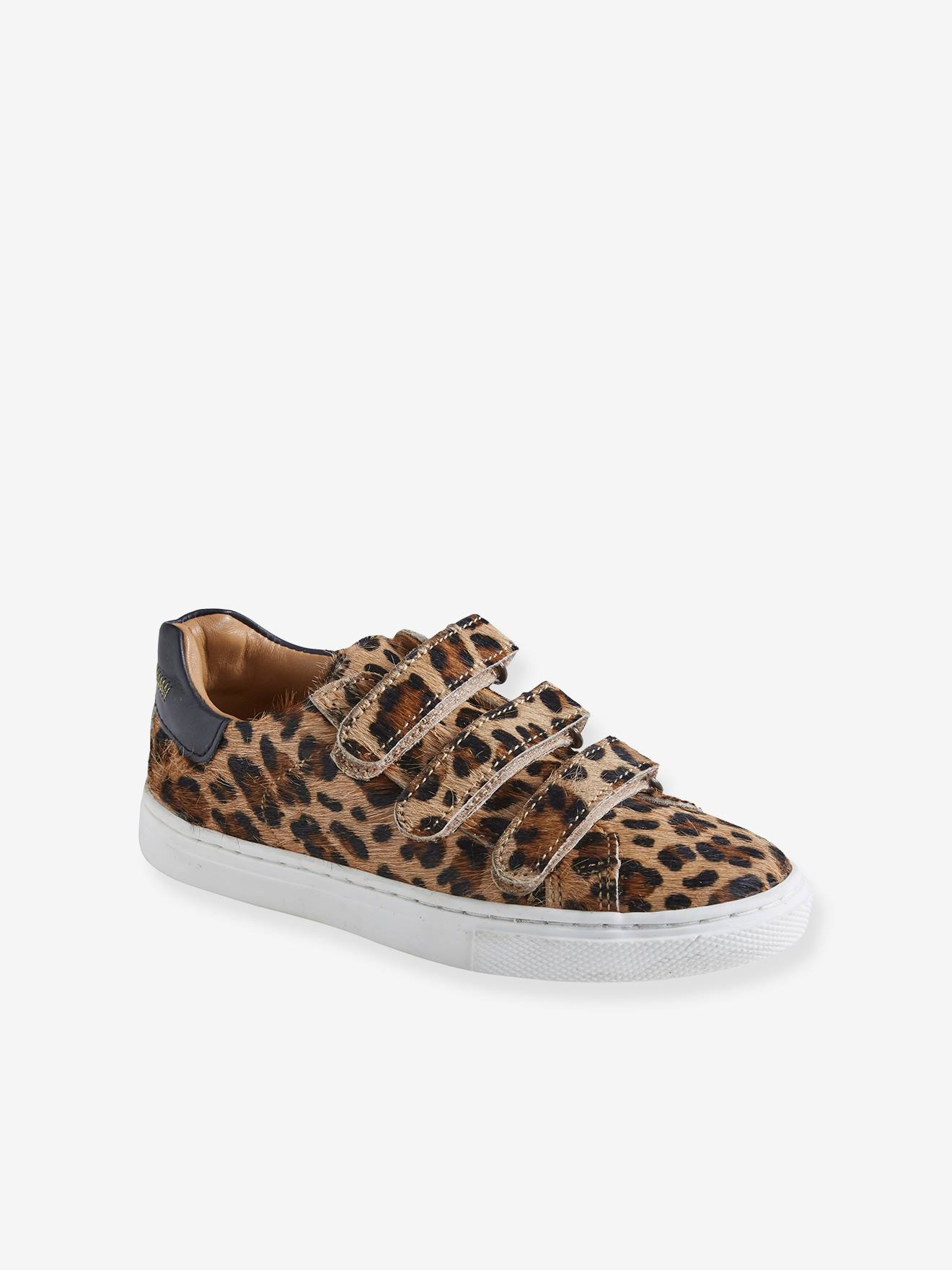 Leren sneakers met klittenband meisje luipaardmotief